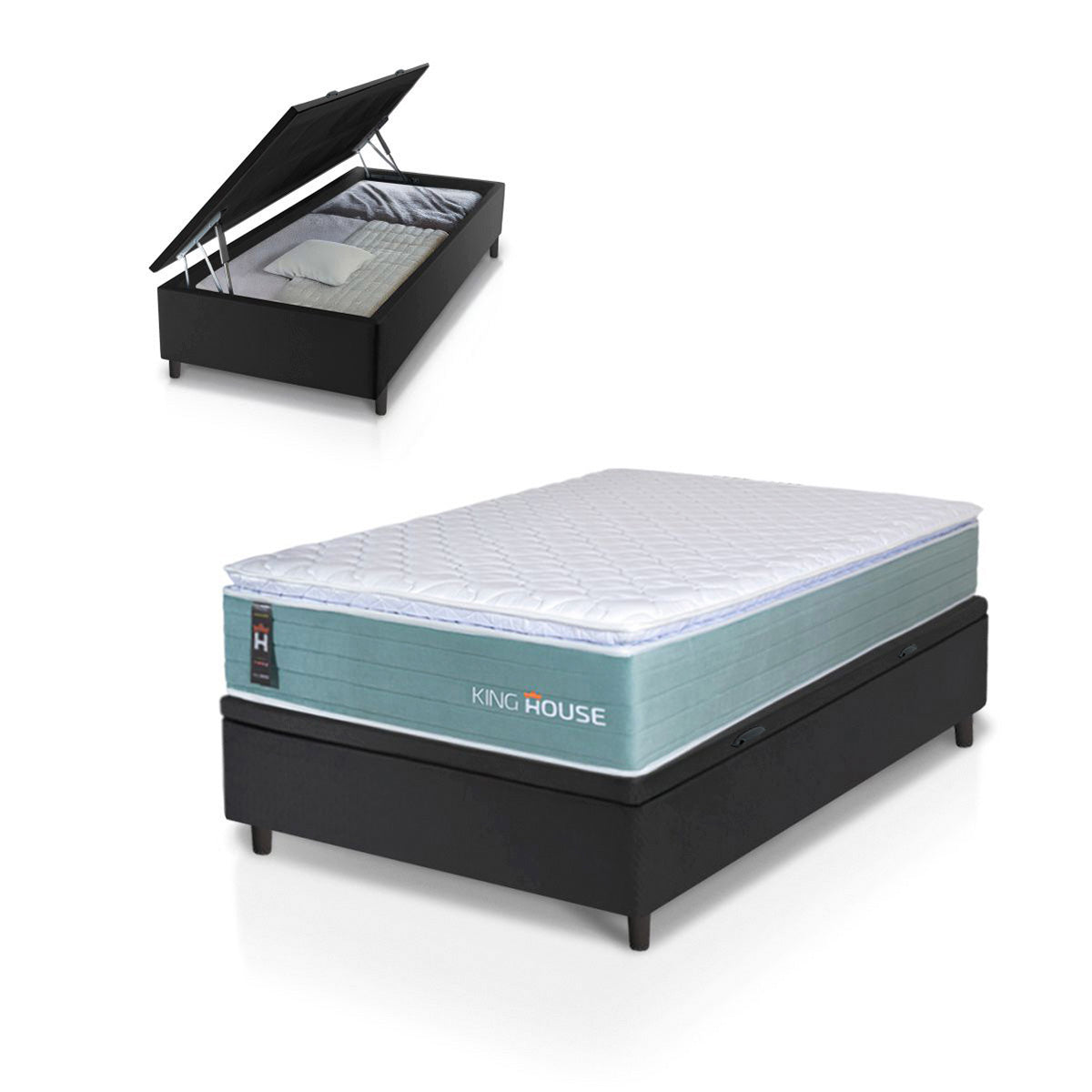 Cama Box Baú Lagos Molas Ensacadas 88x188 Verde e Preto Espuma D26 Suporta 110 kg