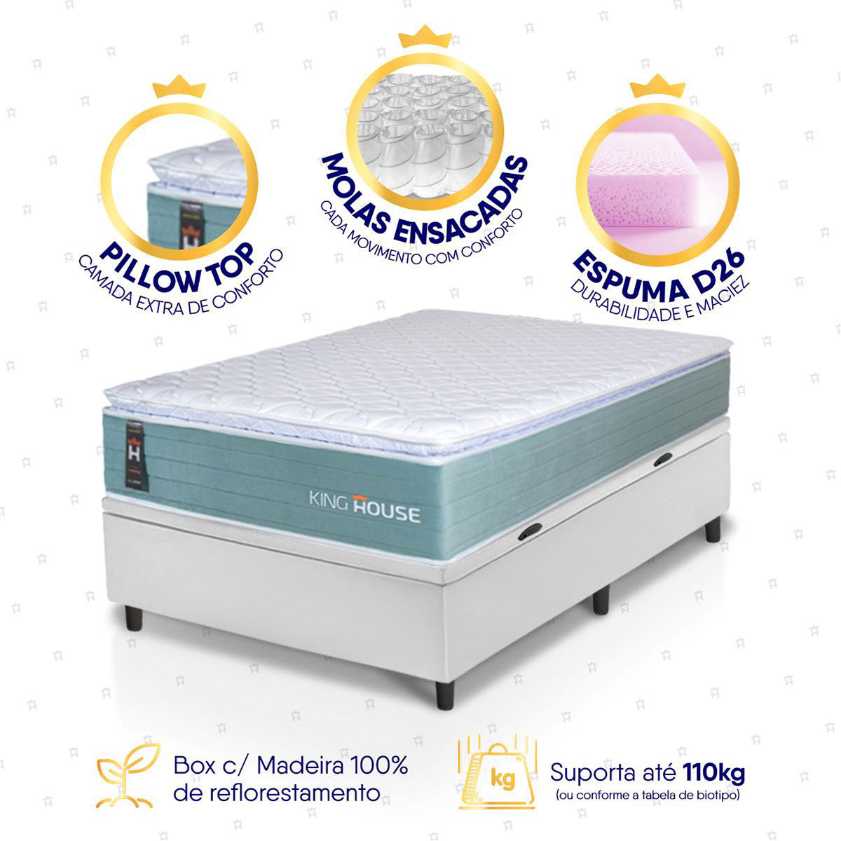 Cama Box Baú Lagos Molas Ensacadas 96x203 Branco King House