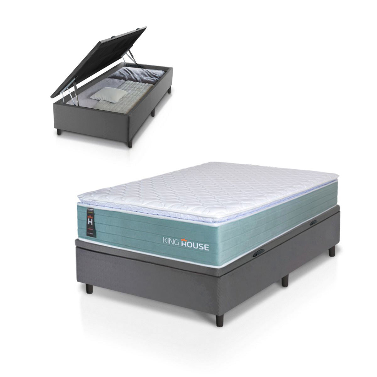 Cama Box Baú Lagos Molas Ensacadas 96x203 Verde e Cinza Espuma D26 Suporta 110 kg