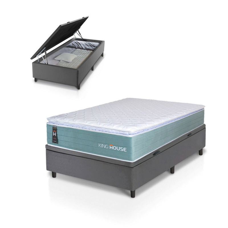 Cama Box Baú Lagos Molas Ensacadas 96x203 Verde e Cinza Espuma D26 Suporta 110 kg