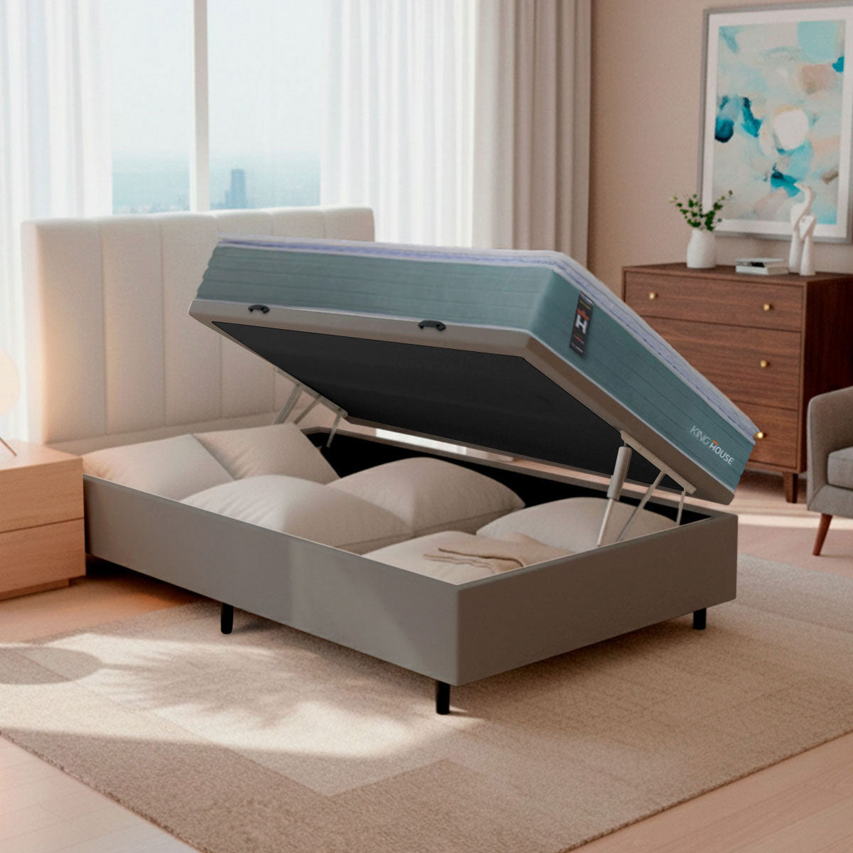 Cama Box Baú Lagos Molas Ensacadas 96x203 Cinza King House