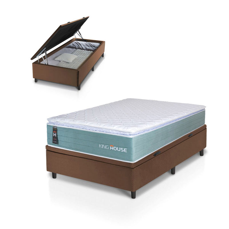 Cama Box Baú Lagos Molas Ensacadas 96x203 Verde e Marrom Espuma D26 Suporta 110 kg