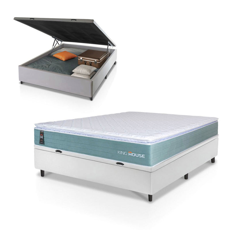 Cama Box Baú Lagos Molas Ensacadas Casal 138x188 Verde e Branco Espuma D26 Suporta 110 kg