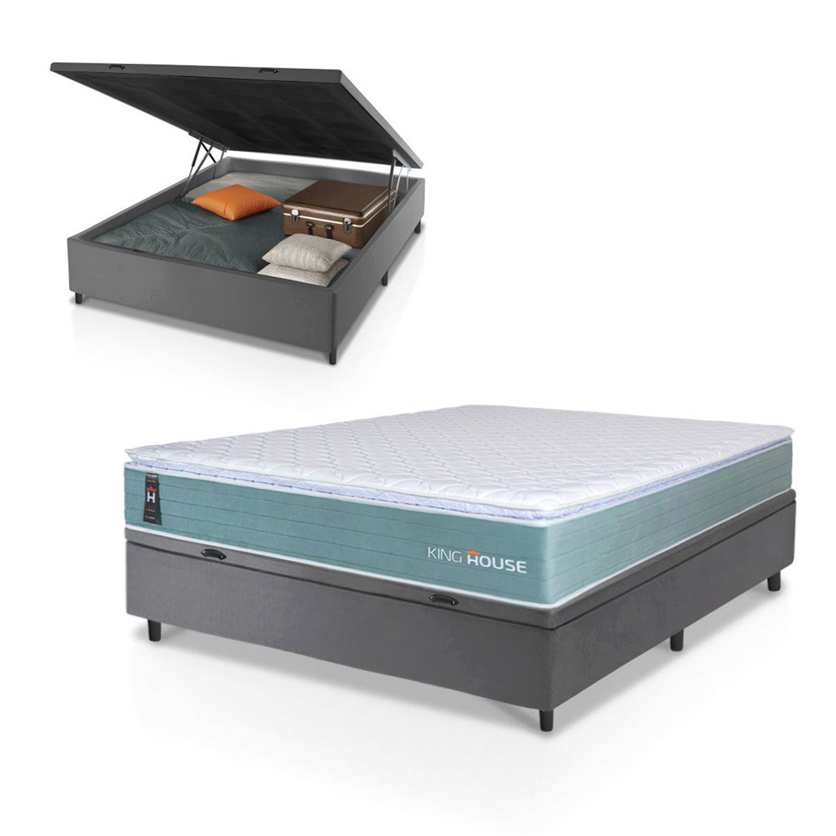 Cama Box Baú Lagos Molas Ensacadas Casal 138x188 Verde e Cinza Espuma D26 Suporta 110 kg