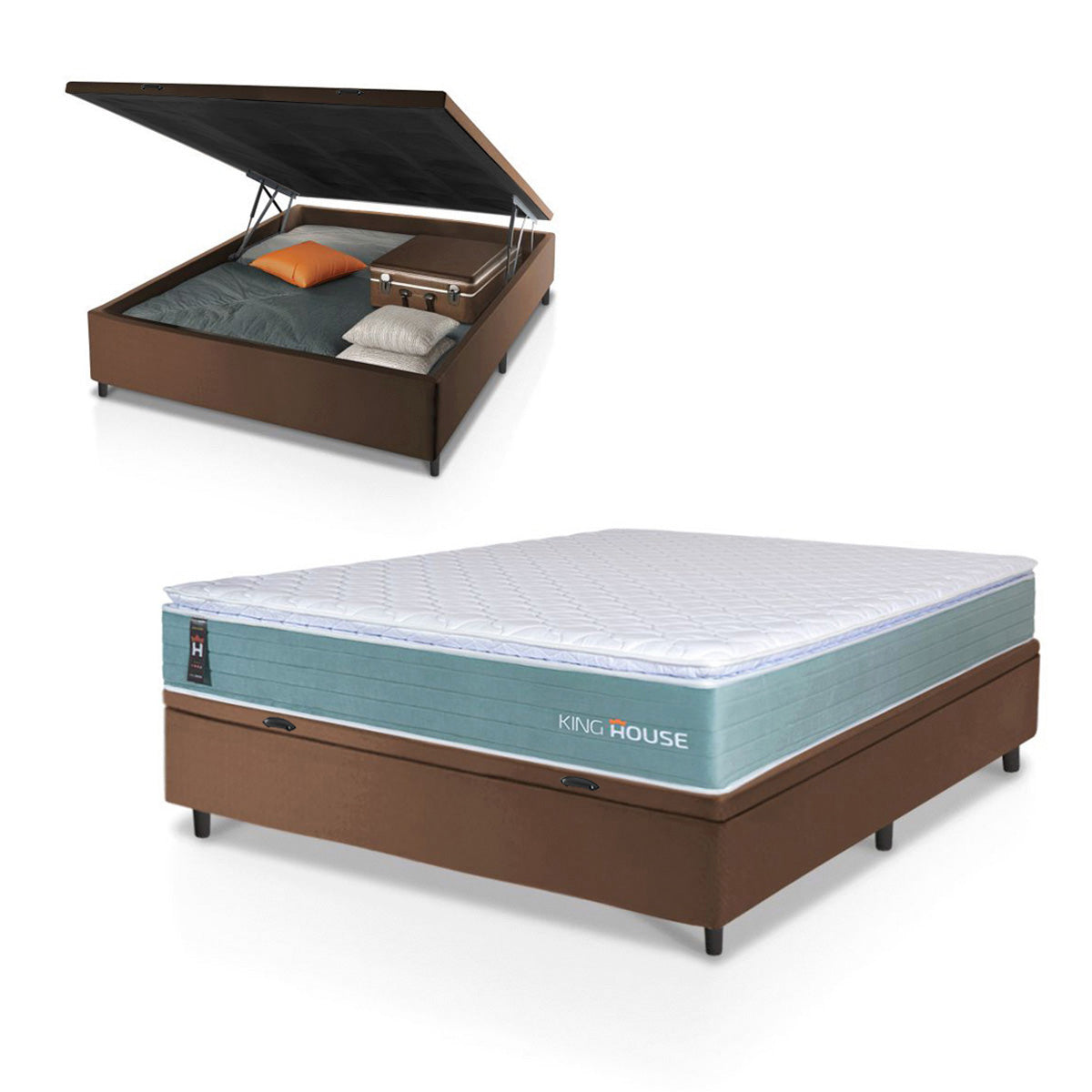Cama Box Baú Lagos Molas Ensacadas Casal 138x188 Verde e Marrom Espuma D26 Suporta 110 kg