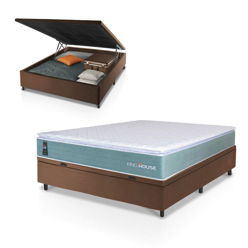 Cama Box Baú Lagos Molas Ensacadas Casal 138x188 Verde e Marrom Espuma D26 Suporta 110 kg