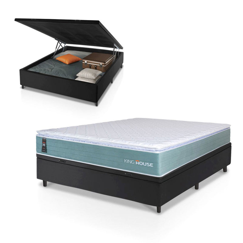 Cama Box Baú Lagos Molas Ensacadas Casal 138x188 Verde e Preto Espuma D26 Suporta 110 kg