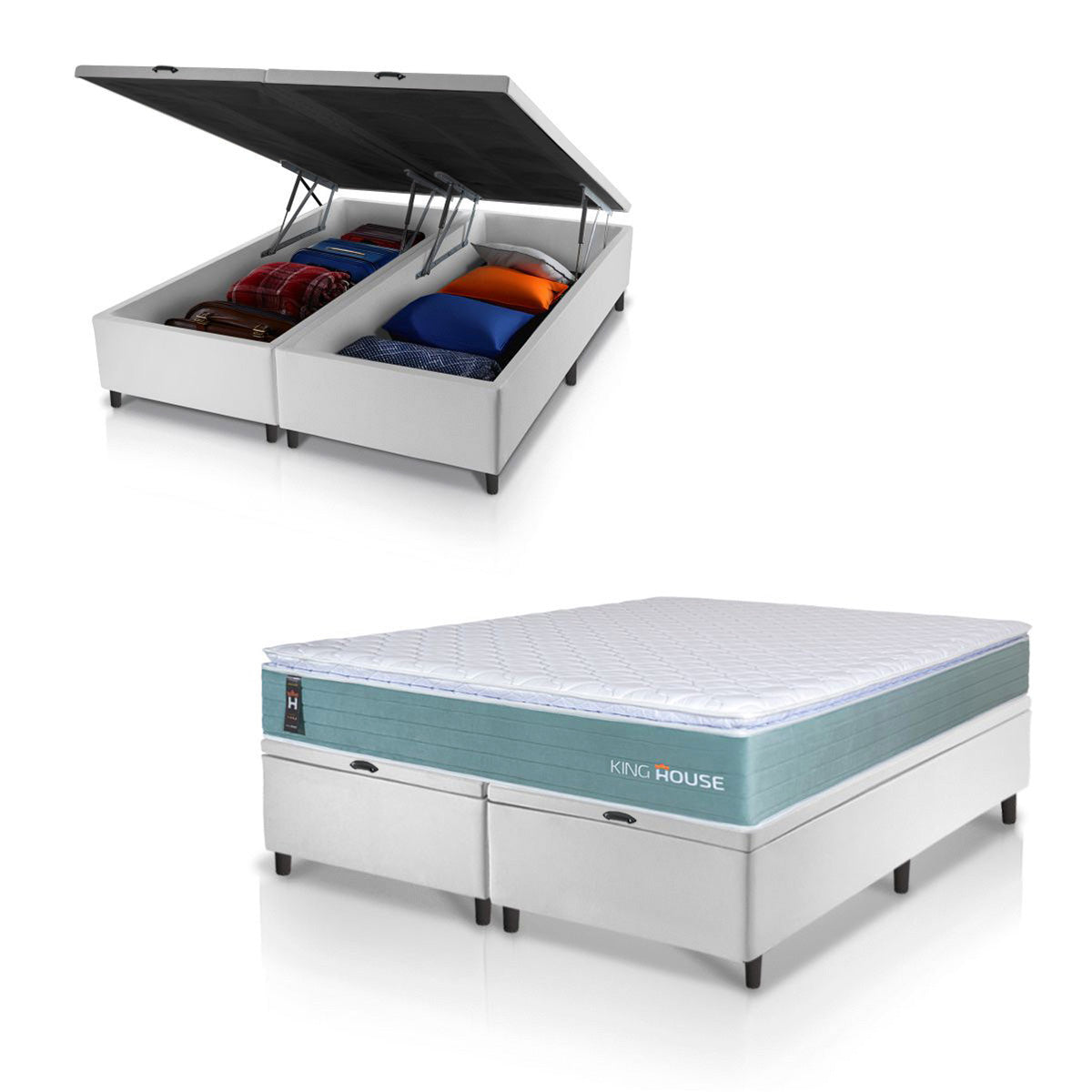 Cama Box Baú Lagos Molas Ensacadas King 193x203 Verde e Branco Espuma D26 Suporta 110 kg