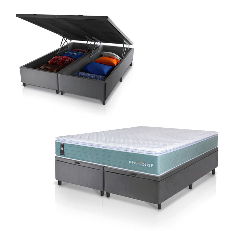 Cama Box Baú Lagos Molas Ensacadas King 193x203 Verde e Cinza Espuma D26 Suporta 110 kg