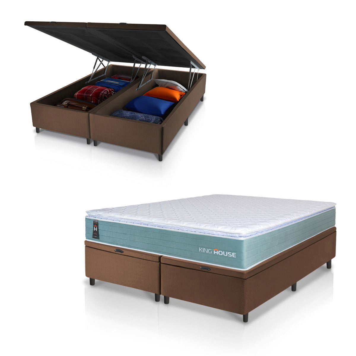 Cama Box Baú Lagos Molas Ensacadas King 193x203 Verde e Marrom Espuma D26 Suporta 110 kg