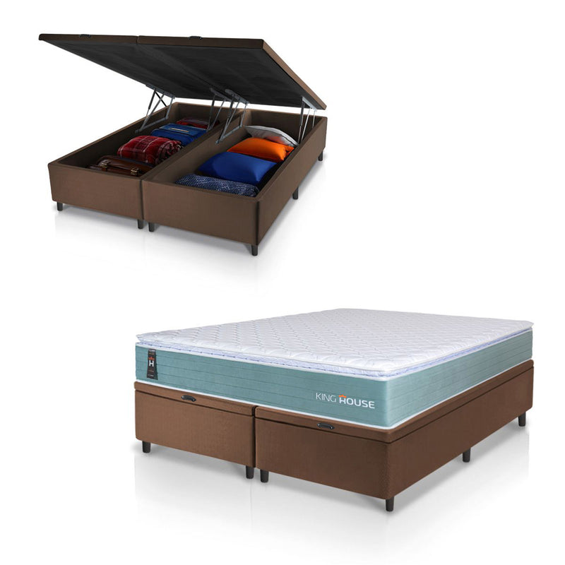 Cama Box Baú Lagos Molas Ensacadas King 193x203 Verde e Marrom Espuma D26 Suporta 110 kg