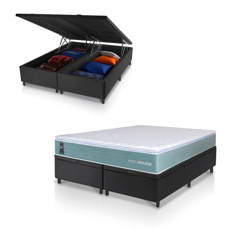 Cama Box Baú Lagos Molas Ensacadas King 193x203 Verde e Preto Espuma D26 Suporta 110 kg