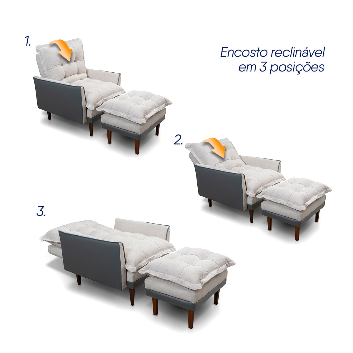 Poltrona Reclinável com Puff Catena Cinza Off White