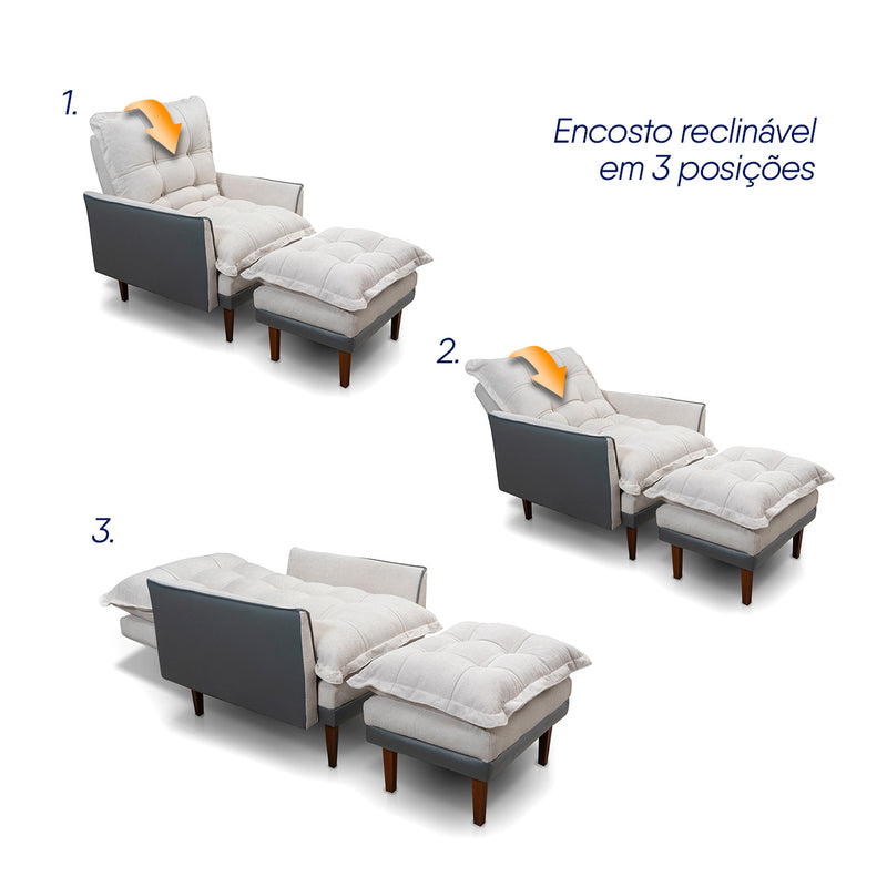 Poltrona Reclinável com Puff Catena Cinza Off White