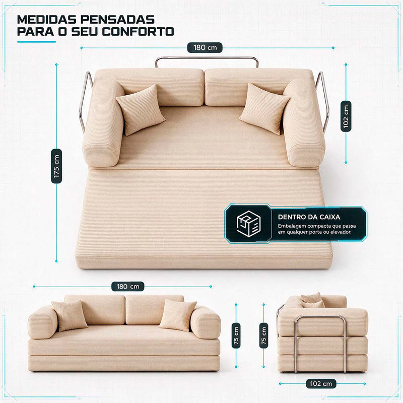 Sofá Cama Chegada Espuma á Vácuo 2 Lugares 1,80m Veludo Cotelê Bege