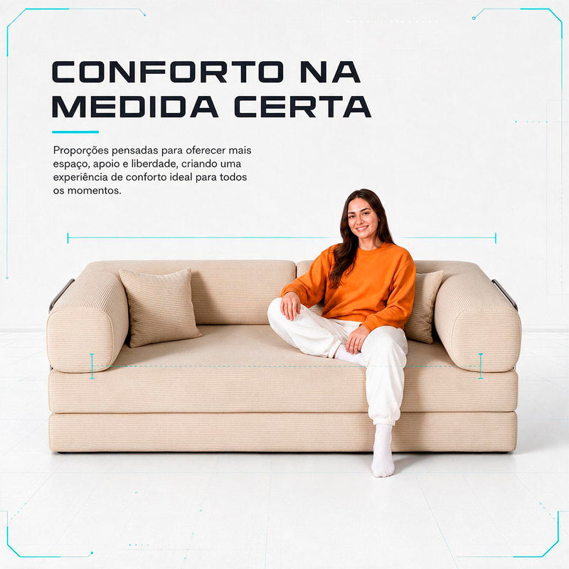 Sofá Cama Chegada Espuma á Vácuo 3 Lugares 2,02m Veludo Cotelê Bege