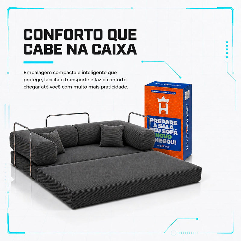 Sofá Cama Chegada Espuma á Vácuo 2 Lugares 1,80m Veludo Cotelê Cinza Grafite