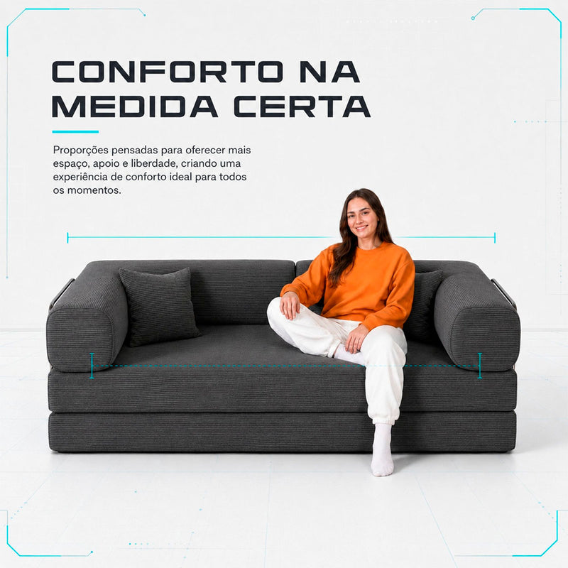 Sofá Cama Chegada Espuma á Vácuo 3 Lugares 2,02m Veludo Cotelê Cinza Grafite