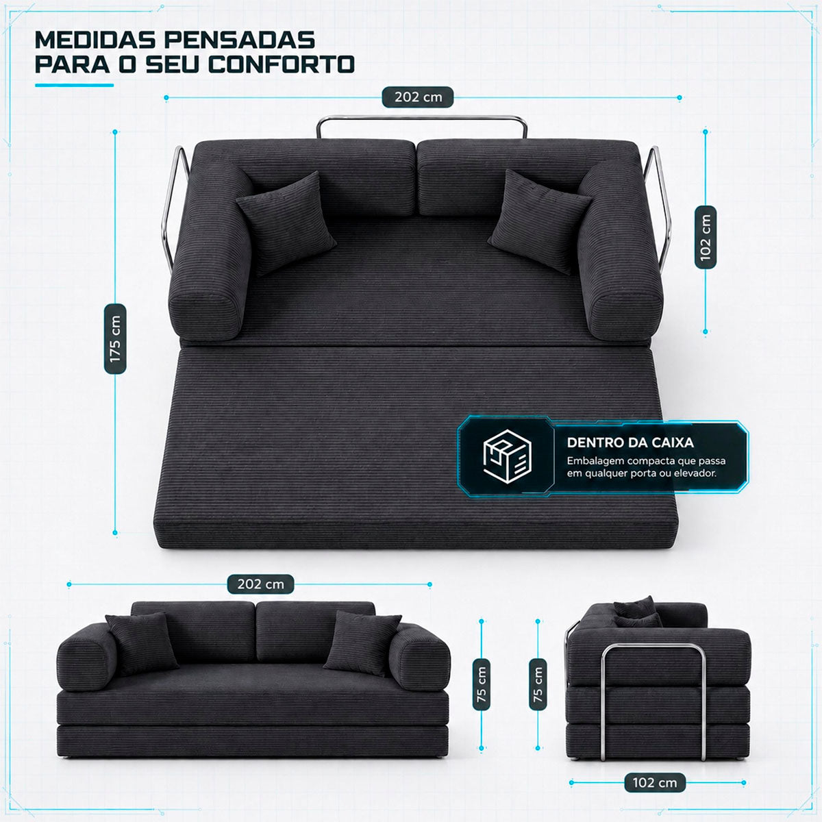 Sofá Cama Chegada Espuma á Vácuo 3 Lugares 2,02m Veludo Cotelê Cinza Grafite