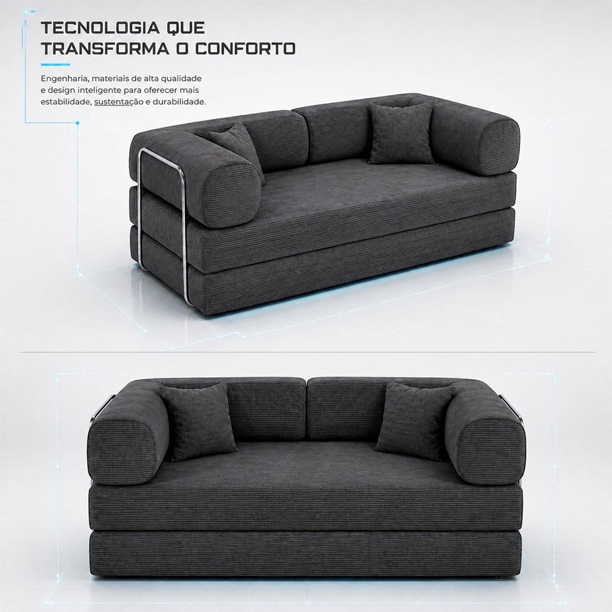 Sofá Cama Chegada Espuma á Vácuo 3 Lugares 2,02m Veludo Cotelê Cinza Grafite