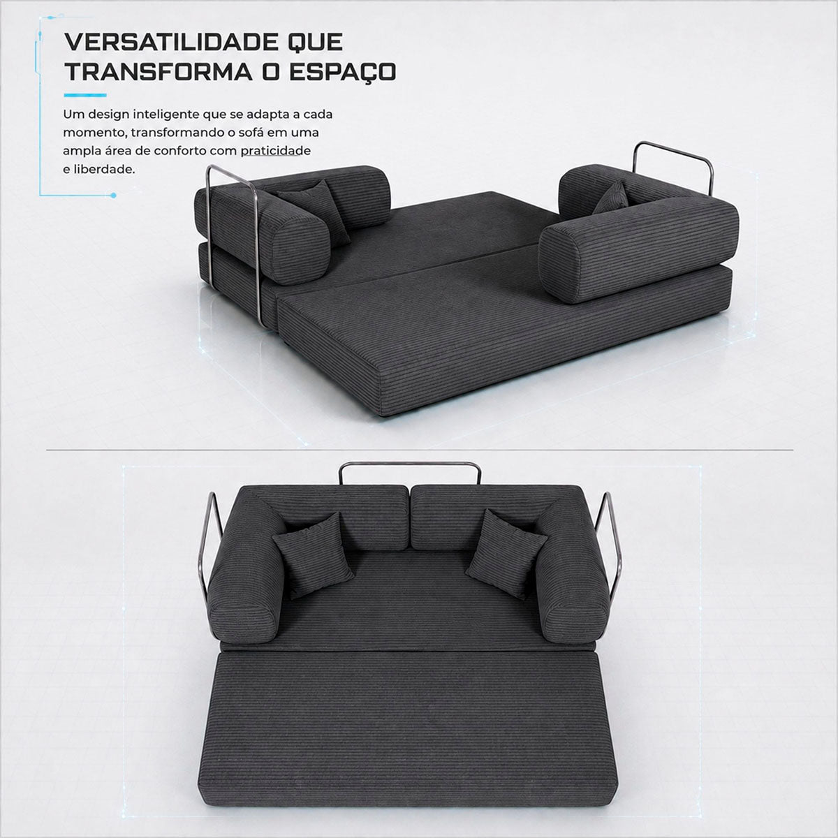 Sofá Cama Chegada Espuma á Vácuo 3 Lugares 2,02m Veludo Cotelê Cinza Grafite