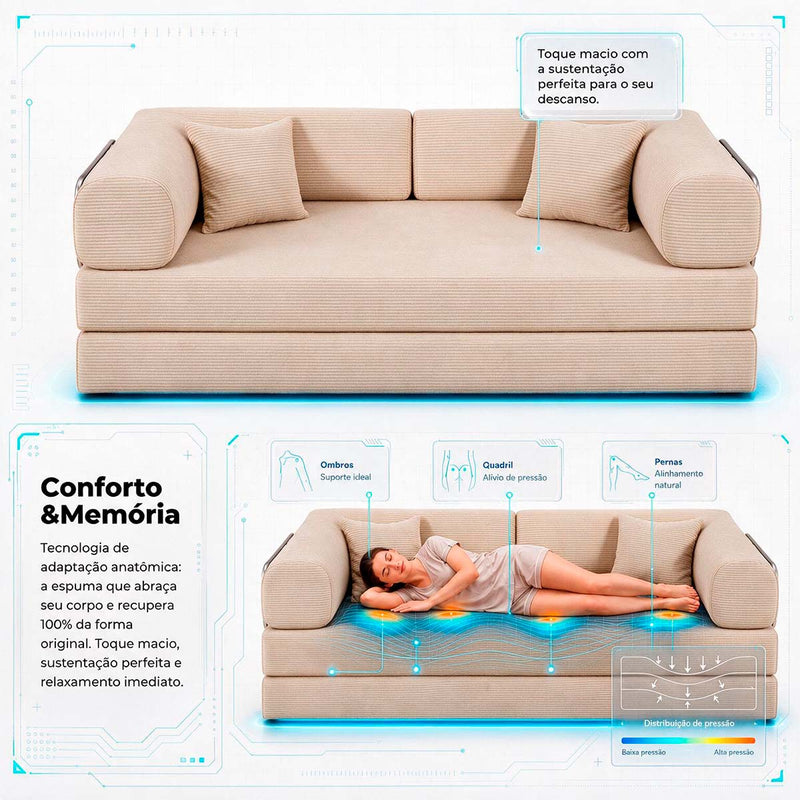 Sofá Cama Chegada Molas Ensacadas á Vácuo 2 Lugares 1,80m Veludo Cotelê Bege