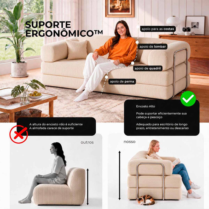 Sofá Cama Chegada Molas Ensacadas á Vácuo 2 Lugares 1,80m Veludo Cotelê Bege