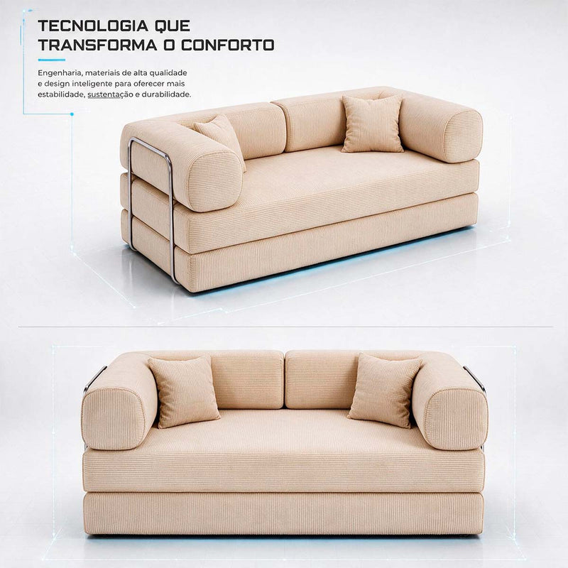 Sofá Cama Chegada Molas Ensacadas á Vácuo 2 Lugares 1,80m Veludo Cotelê Bege