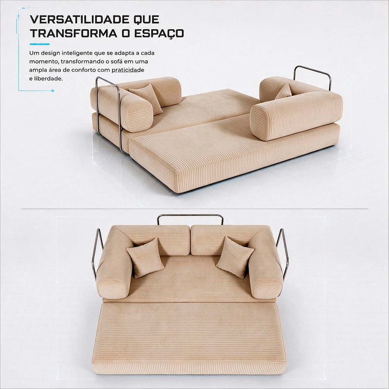 Sofá Cama Chegada Molas Ensacadas á Vácuo 2 Lugares 1,80m Veludo Cotelê Bege