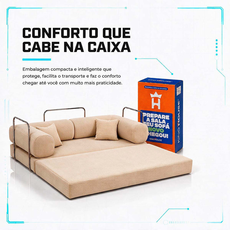 Sofá Cama Chegada Molas Ensacadas á Vácuo 3 Lugares 2,02m Veludo Cotelê Bege