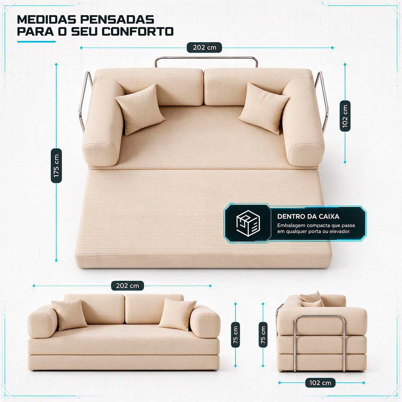 Sofá Cama Chegada Molas Ensacadas á Vácuo 3 Lugares 2,02m Veludo Cotelê Bege
