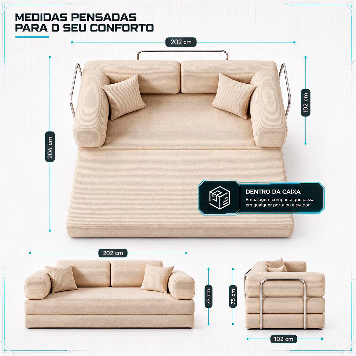 Sofá Cama Chegada Molas Ensacadas á Vácuo 3 Lugares 2,02m Veludo Cotelê Bege