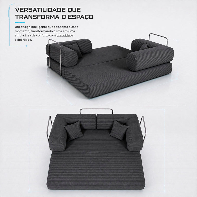 Sofá Cama Chegada Molas Ensacadas á Vácuo 2 Lugares 1,80m Veludo Cotelê Cinza Grafite