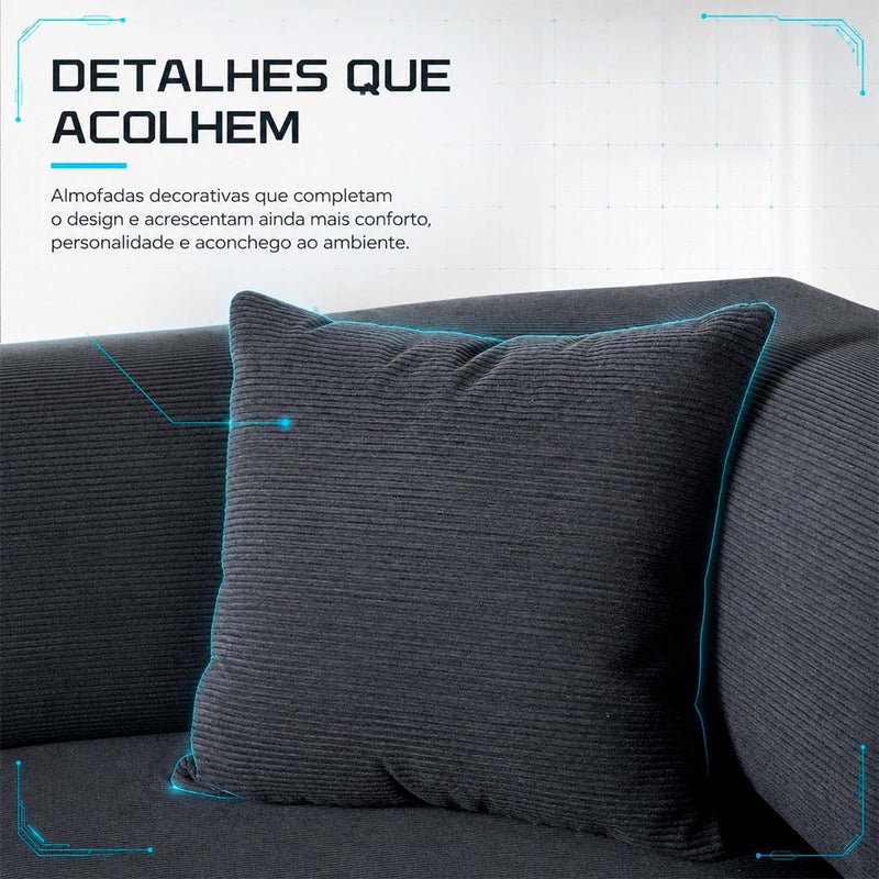 Sofá Cama Chegada Molas Ensacadas á Vácuo 2 Lugares 1,80m Veludo Cotelê Cinza Grafite