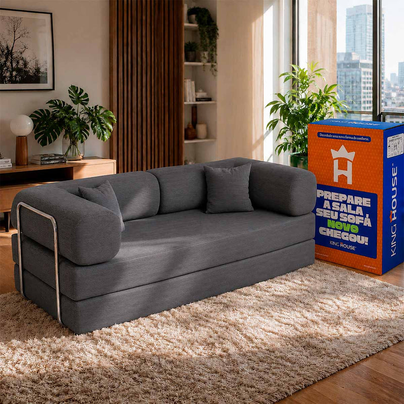 Sofá Cama Chegada Molas Ensacadas á Vácuo 3 Lugares 2,02m Veludo Cotelê Cinza Grafite