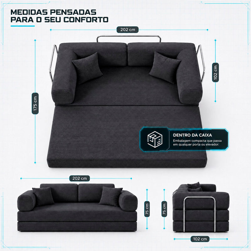 Sofá Cama Chegada Molas Ensacadas á Vácuo 3 Lugares 2,02m Veludo Cotelê Cinza Grafite
