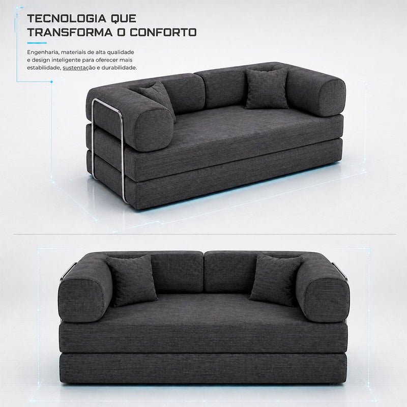 Sofá Cama Chegada Molas Ensacadas á Vácuo 3 Lugares 2,02m Veludo Cotelê Cinza Grafite