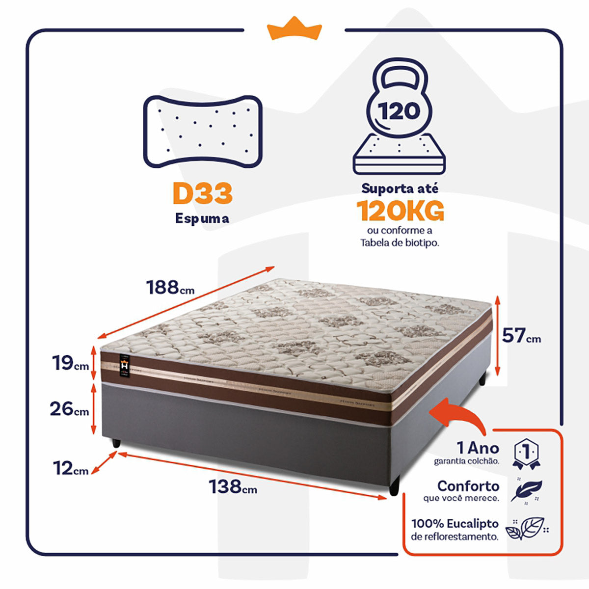 Cama Box Espuma Chicago Casal 138x188 Marrom King House