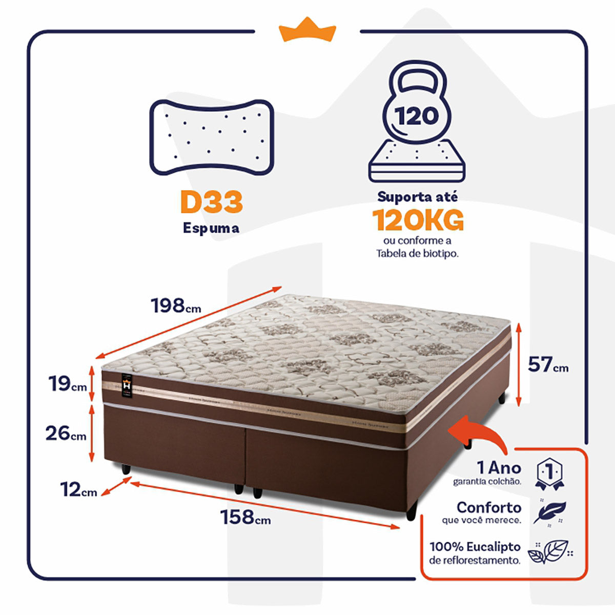 Cama Box Chicago Espuma Queen 158x198 Marrom King House