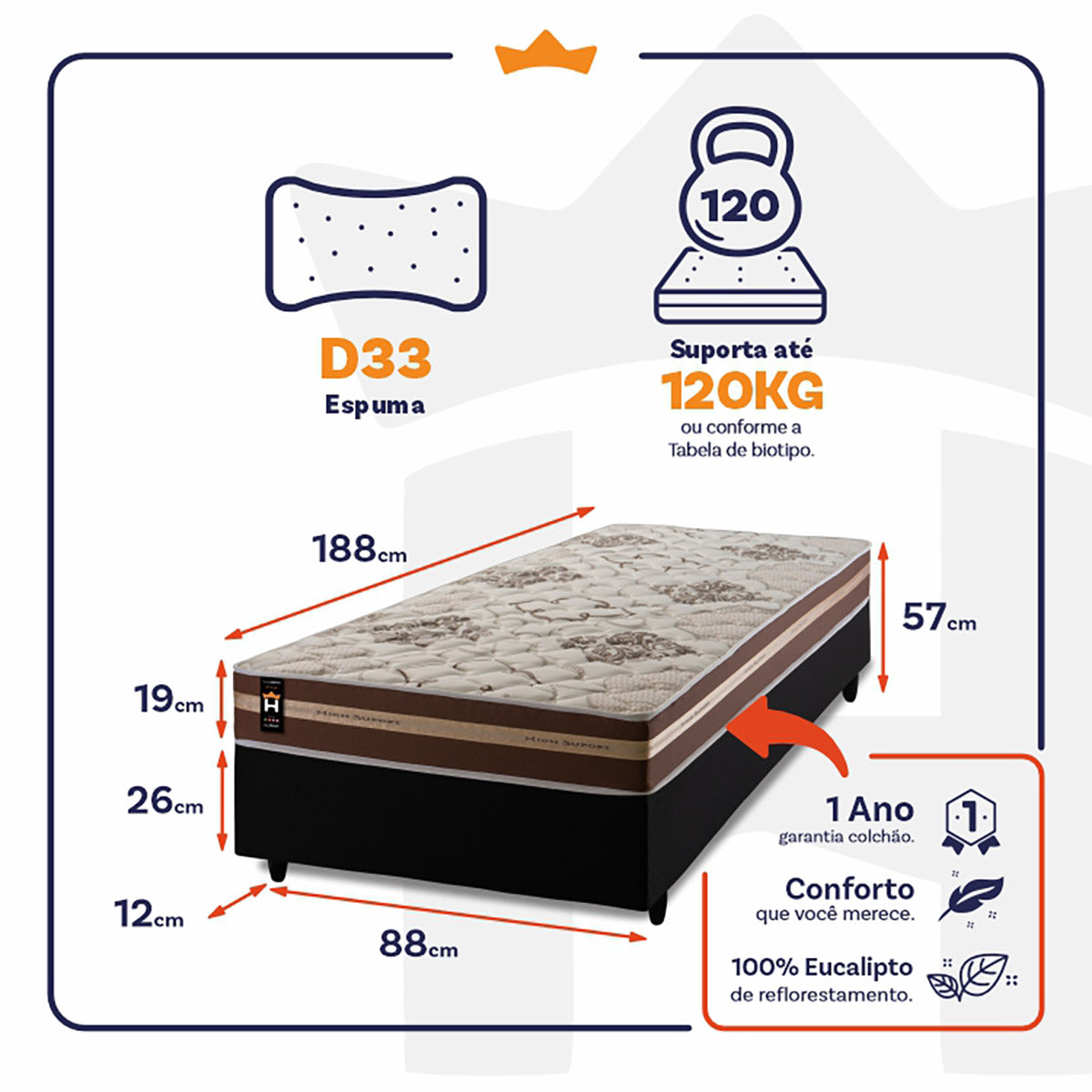 Cama Box Espuma Chicago Solteiro 88x188 Preto King House