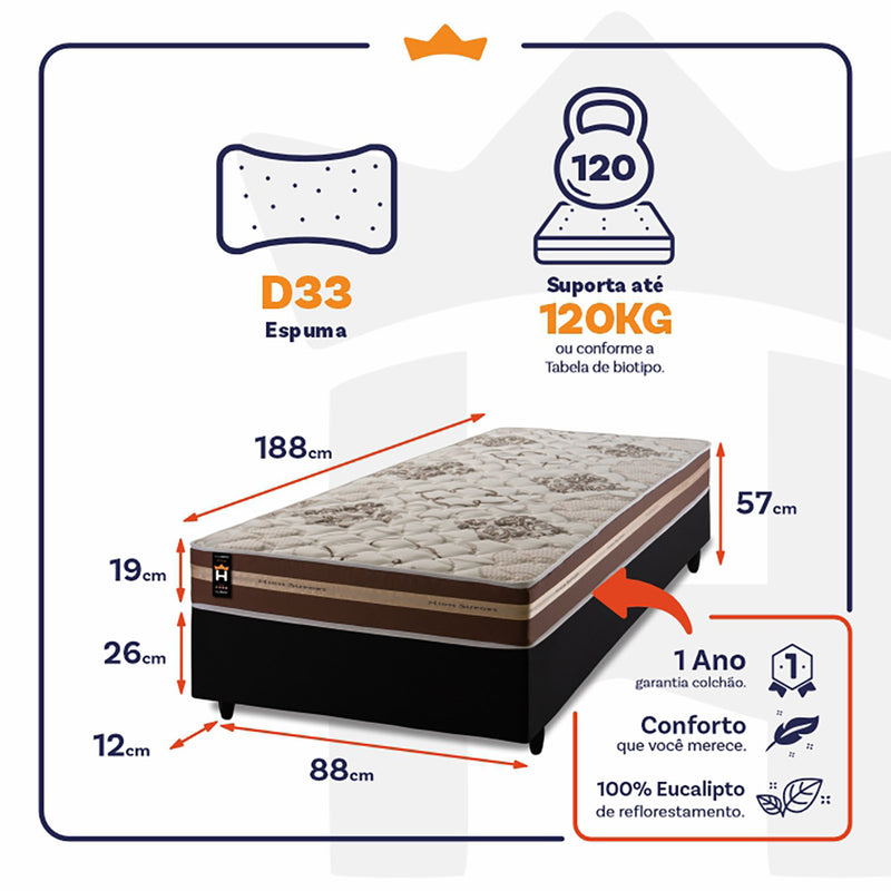 Cama Box Espuma Chicago Solteiro 88x188 Preto King House