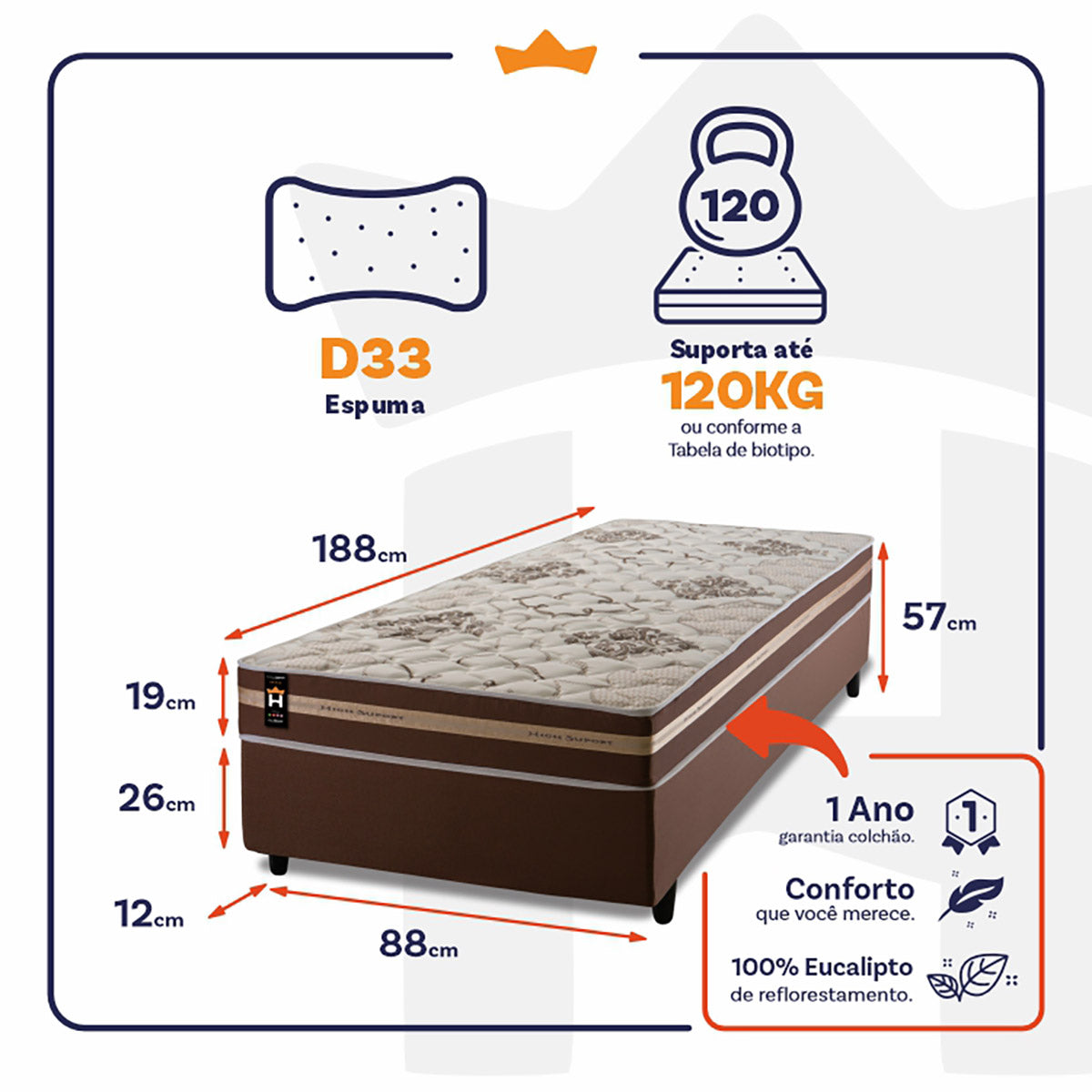 Cama Box Espuma Chicago Solteiro 88x188 Marrom King House