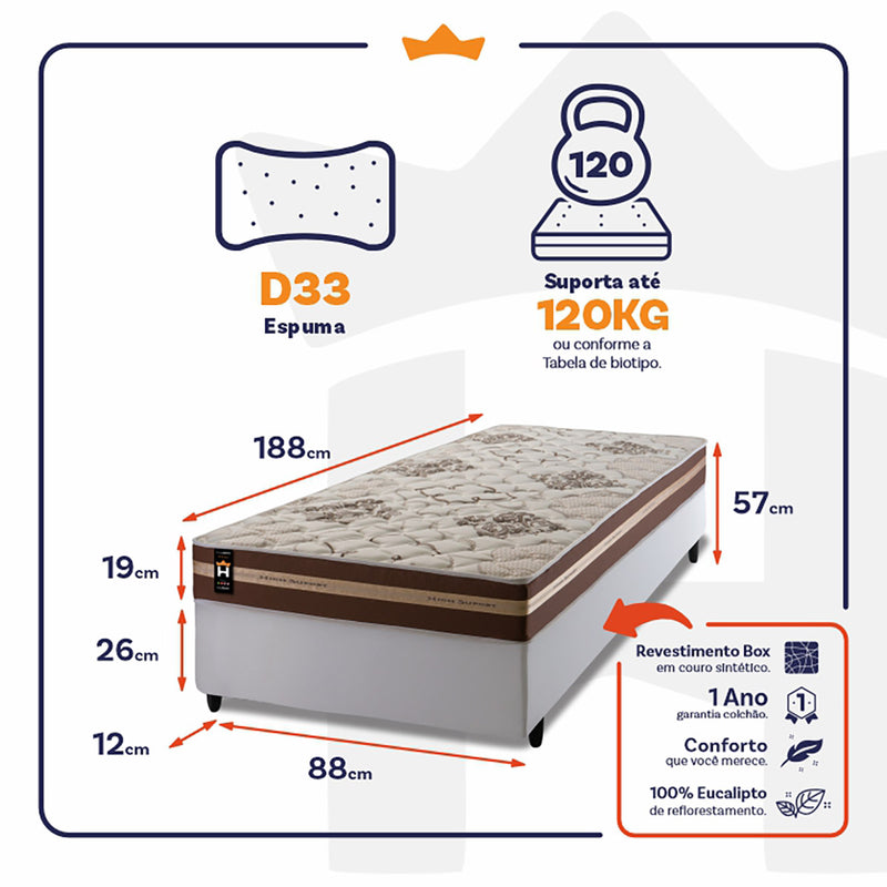 Cama Box Espuma Chicago Solteiro 88x188 Branco King House