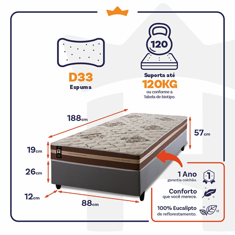 Cama Box Espuma Chicago Solteiro 88x188 Cinza King House