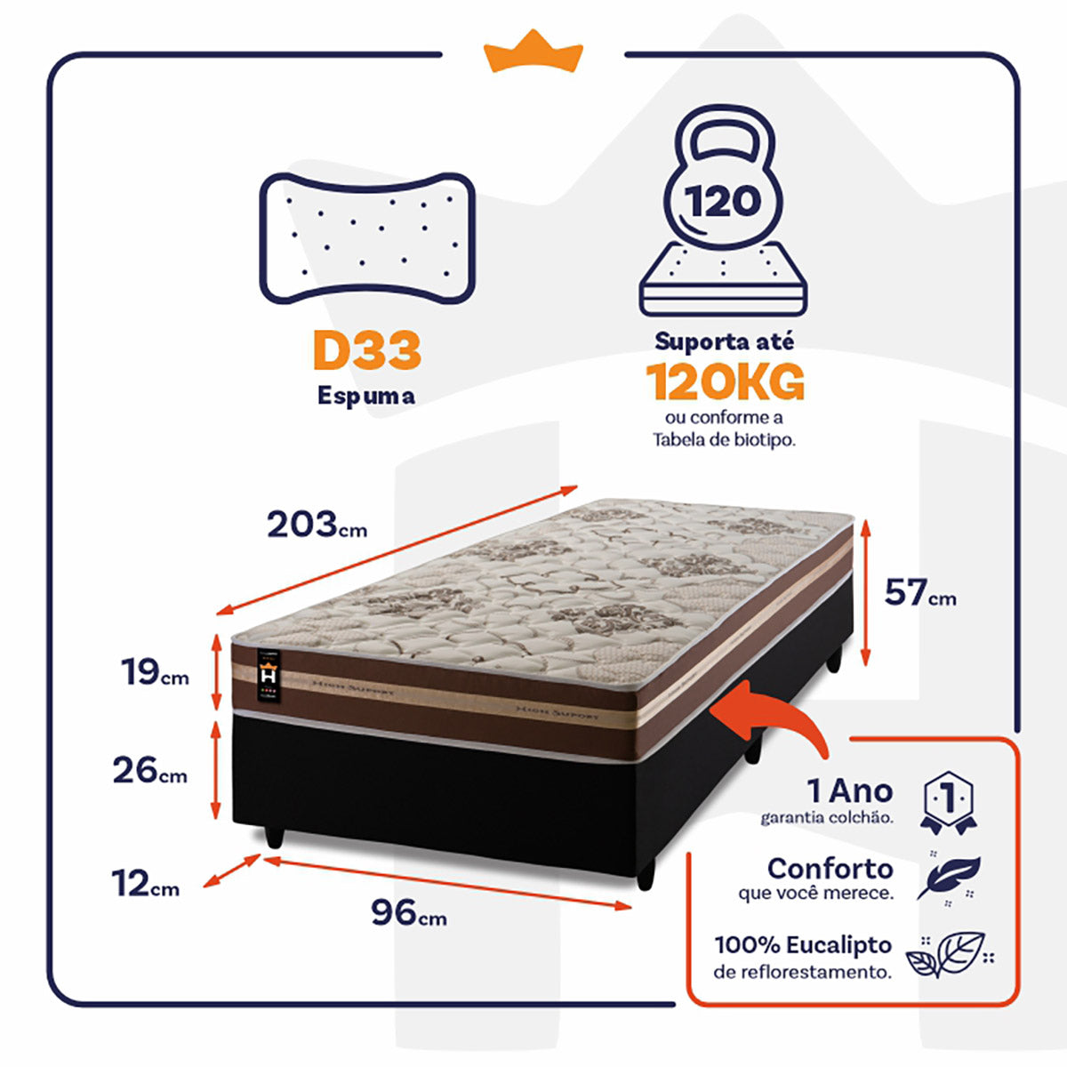 Cama Box Espuma Chicago Solteirão 96x203 Preto King House