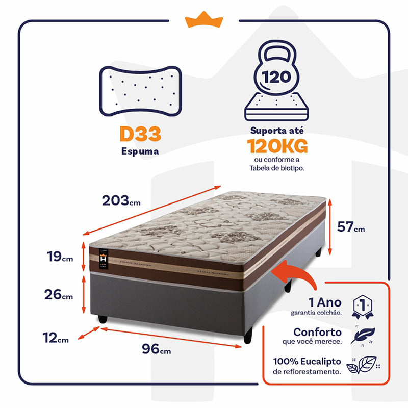 Cama Box Espuma Chicago Solteirão 96x203 Cinza King House