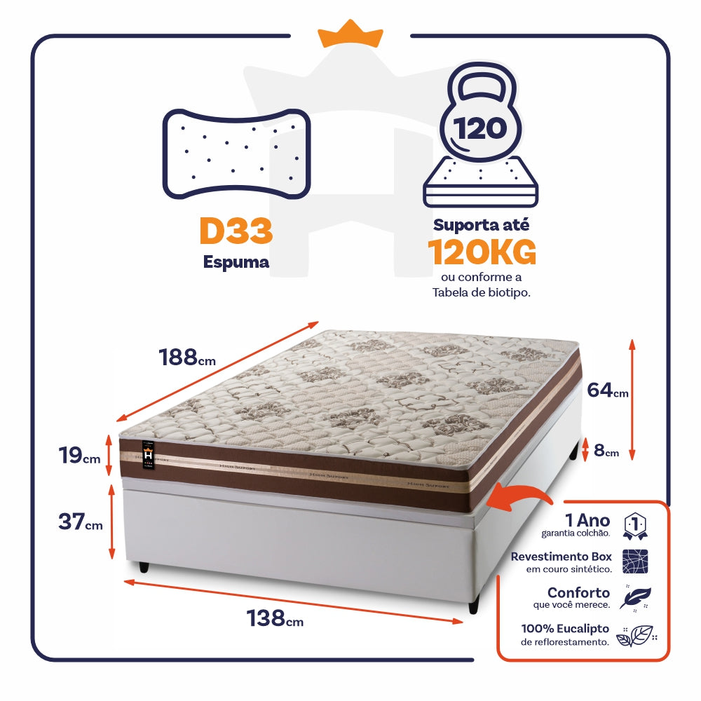 Cama Box Baú Chicago 138x188 Branco Espuma D33 King House