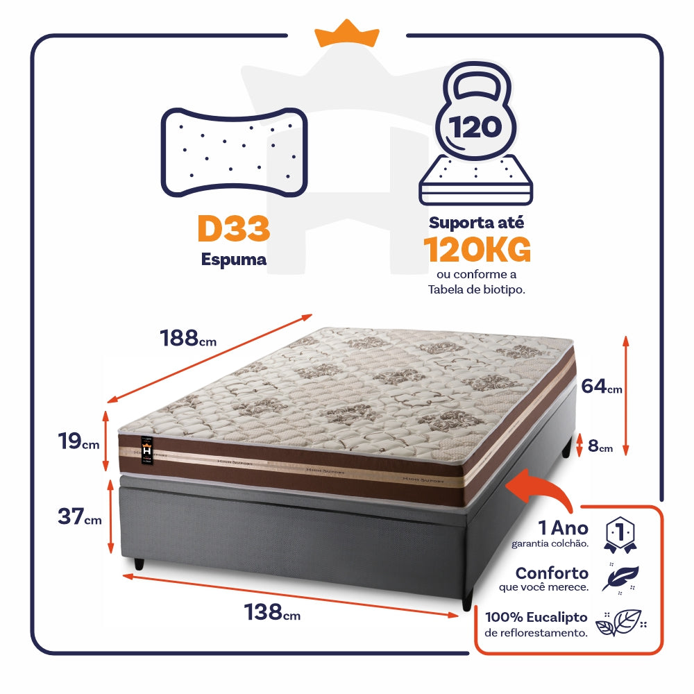 Cama Box Baú Chicago 138x188 Cinza Espuma D33 King House