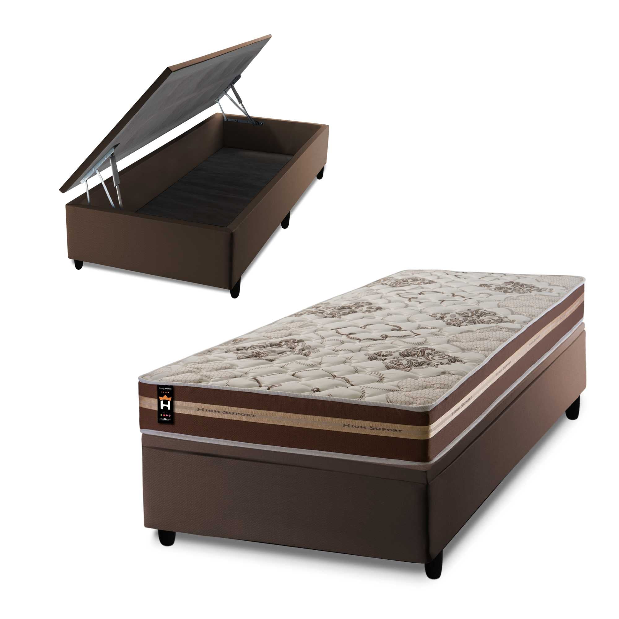 Conjunto Box Baú Chicago 88x188 Marrom Espuma D33 King House