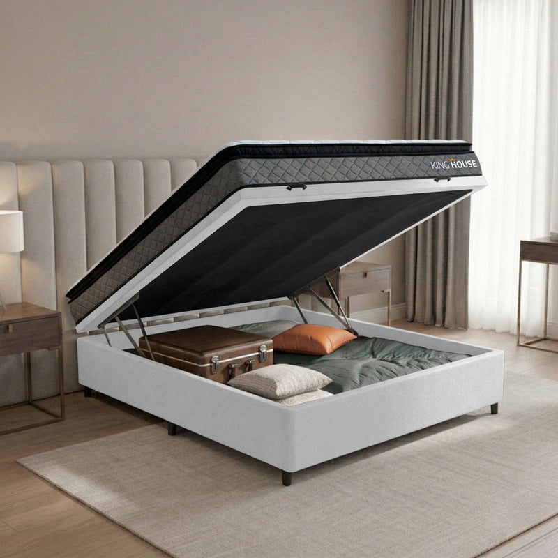 Cama Box Baú Chicago 138x188 Cinza e Branco Espuma D33